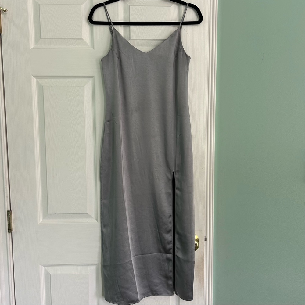 European Mango Silver Midi Slip Dress with Slit